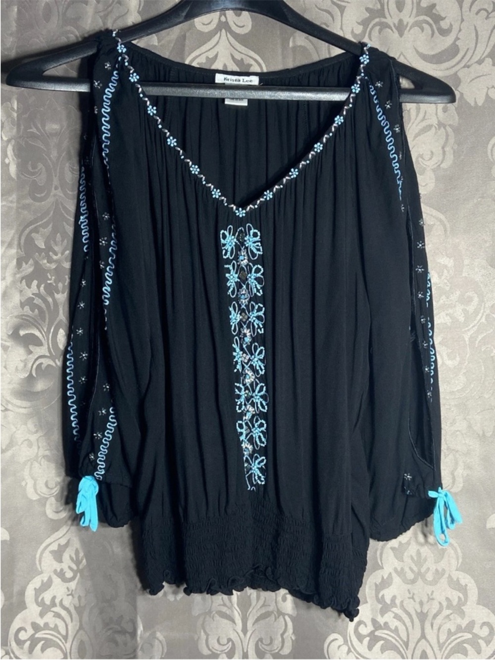 Black Cold-Shoulder Blouse with Turquoise Embroidery